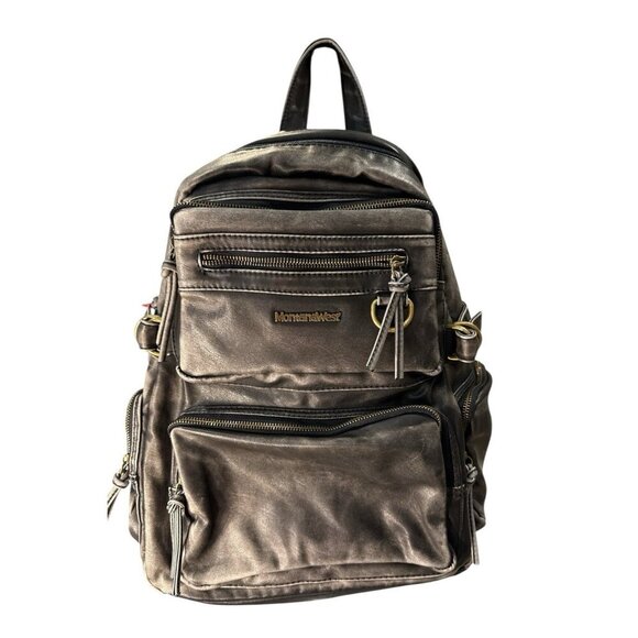 Montana West Select Leather BackPack Purse Multi Pocket Distressed Black L NWT - Picture 1 of 9